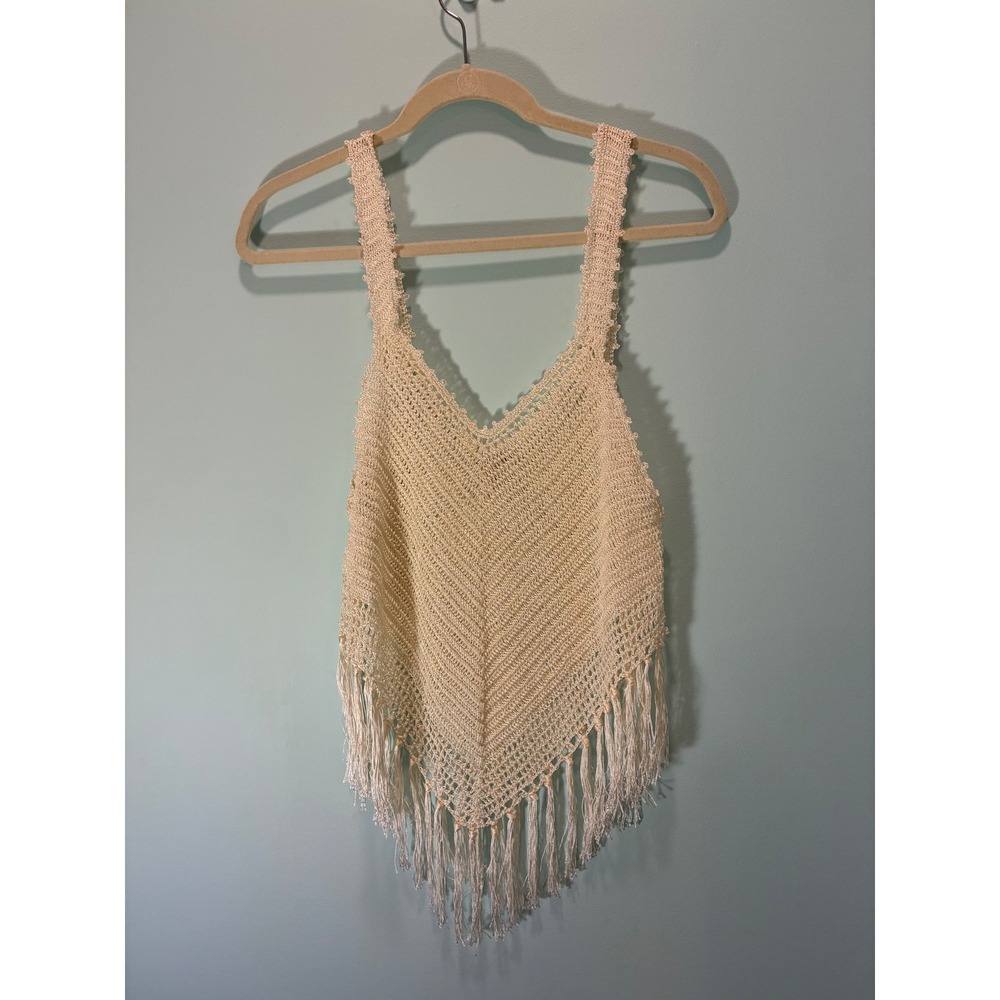 Earthbound Trading Co Ivory Crochet Knit Fringe Tank Top Boho Festival Large - Picture 1 of 5